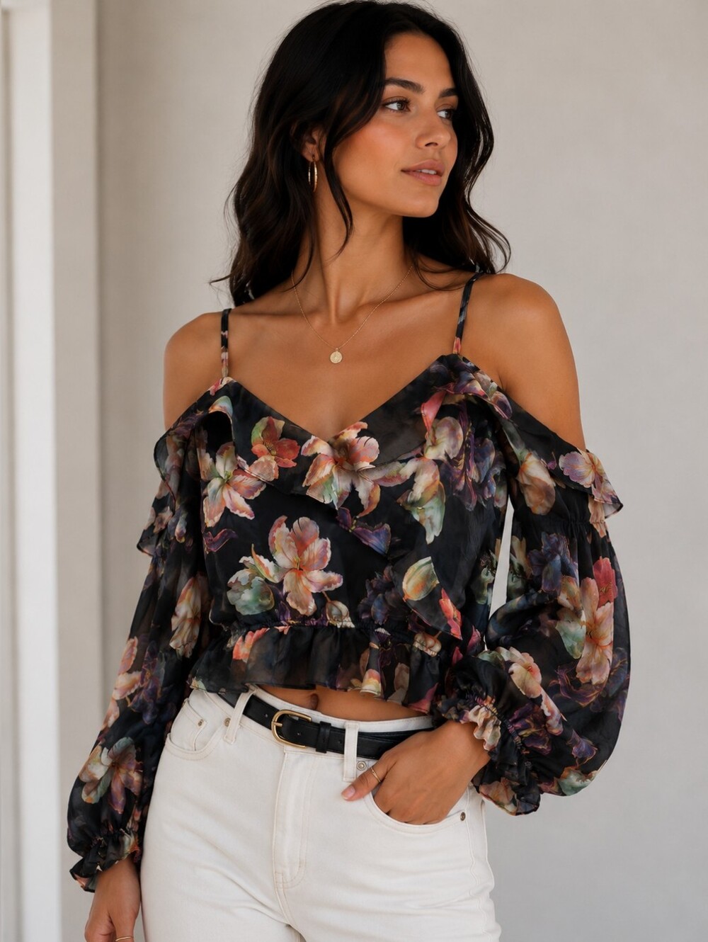 Lulu's Navy Bluwle Floral Ruffle Cold-Shoulder Dressy Top Blouse Cropped